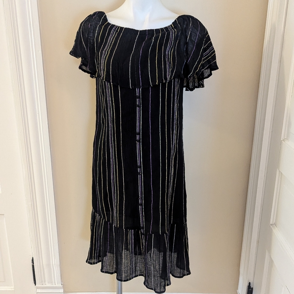 Michael Stars black with white, purple and yellow strip ruffle midi dress XS